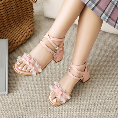 Girls Kids Open Toe Summer Block Heels Sandals Bows4
