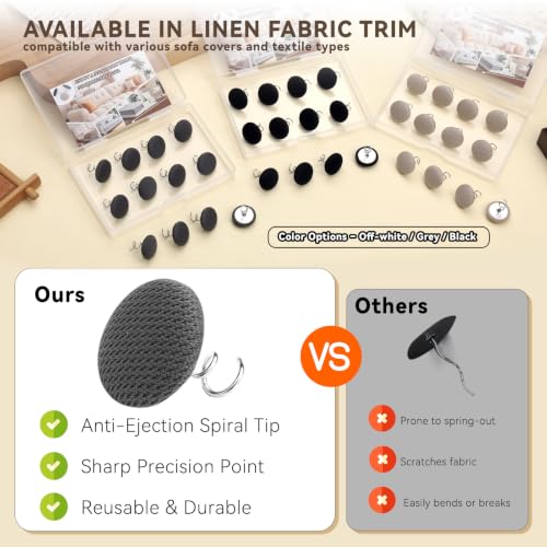 Image of Lunarm Linen Twist Pins 12pcs Upholstery Bedskirt Pins Grey Fabric Covered | Fabric Covered Button, Tightly Grip, Multipurpose for Furniture, Sofa,Headliner, Armrest Covers, Slipcovers, Storage Case