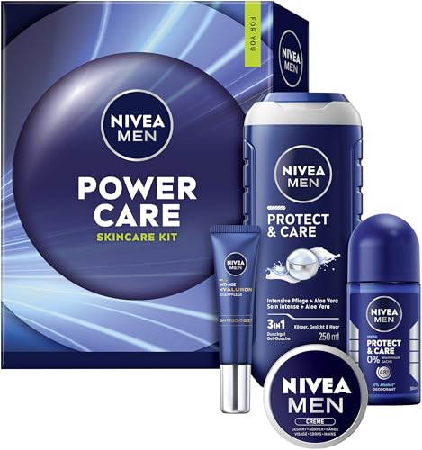 NIVEA MEN Power Care Geschenkset, Geschenk für Männer, Geschenkbox mit Duschgel (250 ml), Deo Roll-on (50 ml), Gesichtspflege (30 ml) und Augenpflege (15 ml)