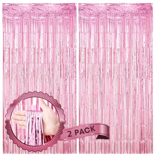 Image of Voircoloria 2 Pack Light Pink Foil Fringe Backdrop Curtains, Tinsel Streamers Birthday Party Decorations, Fringe Backdrop for Valentines Day Decorations, Disco Party, Princess Pink Bow Party