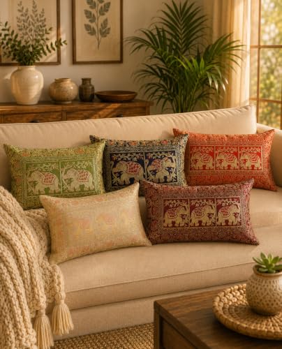 Image of Ravaiyaa - Attitude is everything Banarasi Brocade Silk Pillow Cover Elephant Design Cushion Pillow Sham Case Home Decorative Set of 2 Piece 12 inch X 20 inch Inch