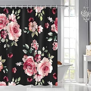 Bonhause Bloemen douchegordijn 180 x 180 cm roze pioenrozen groene bladeren zwart badkamergordijn waterdicht schimmel…