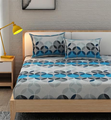 Image of Cotton Feel King Size Flat Bedsheet for Double Bed (90 x 100 Inches | 230 x 250 cm) with 2 Pillow Covers | Soft & Smooth Printed Bedsheet for Daily Use (Blue&Grey, King Bed-90x100)