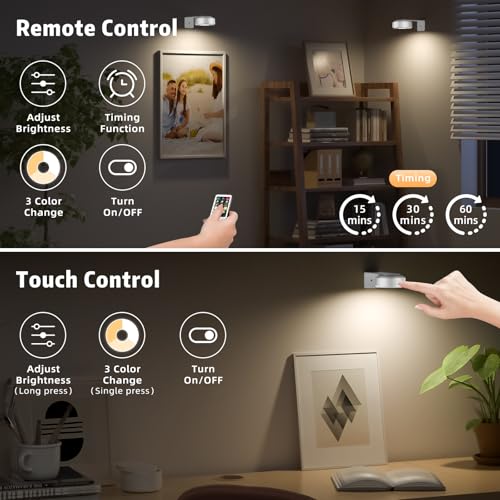 Image of Picture Lights with Remote, Wireless Rechargeable Battery Operated Wall Light 3 Pcs Dimmable and Timer Metal Art Light for Paintings,Display, Wall, Artwork, Gallery (White)