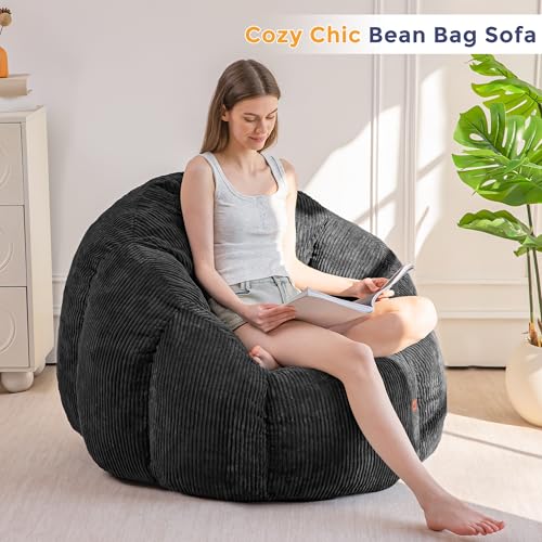 Image of MAXYOYO Giant Bean Bag Chair, Pumpkin-Shaped Bean Bag Sofa, Oversized Boneless Couch Sofa in a Box, Comfy and Lazy Lounge Chair for Dorm, Living Room, Black