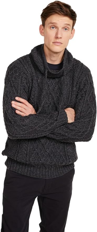 Arran Woolen Mills - Men's Merino Wool Sweater with Drawcords (Charcoal, X-Large)