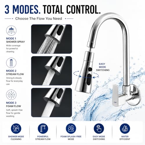 Image of ZAP Rotatable Brass Kitchen Sink Tap | 10X Flexible Neck Faucet with 3 Spray Modes (Shower, Stream & Foam) | Anti-Splash Wall Mounted Kitchen Tap | Chrome Finish Faucet for Kitchen Sink & Utility Area