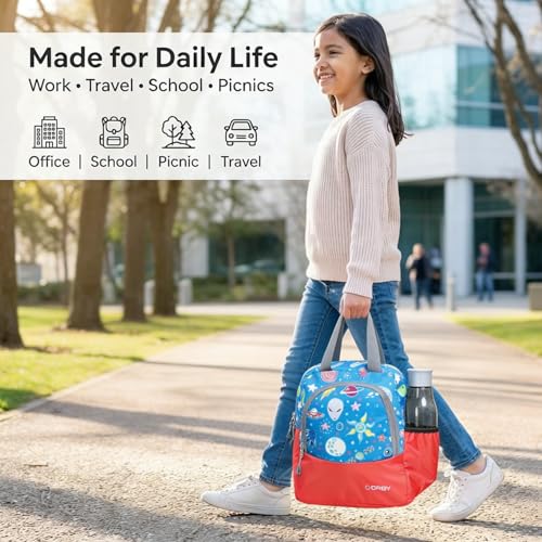 Image of ORBY Lunch Bag Galaxy Alien Red | Water-Repellent Durable Fabric | Tiffin Bag with Bottle Holder & Front Pocket | Strong Zipper & Spacious Meal Storage (Alien Pattern, Red)
