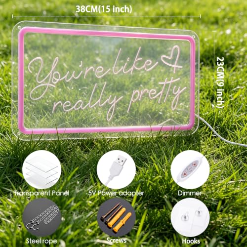 Image of You like really pretty Neon Sign for bedroom wall,Pink led sign for wall decor with USB Power and Dimmer Switch,15 * 9 inch neon signs for room decor