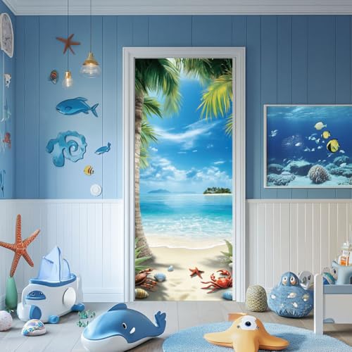 arricraft 2 Stück Selbstklebender Türaufkleber 80cm X 200cm /31.5\X78.7\ Sommer Strand Tür Wandbilder Aufkleber Cocos PVC Tür Abnehmbare Tapete Dekoration Für Schlafzimmer Wohnzimmer