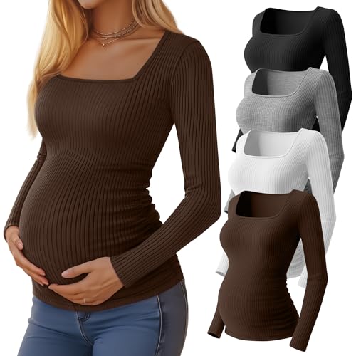 Image of Huukeay 4 Pack Women's Maternity Shirts Cotton Ribbed Long Sleeve Square Neck Pregnancy Tunic Tops Side Ruched Basic Tee