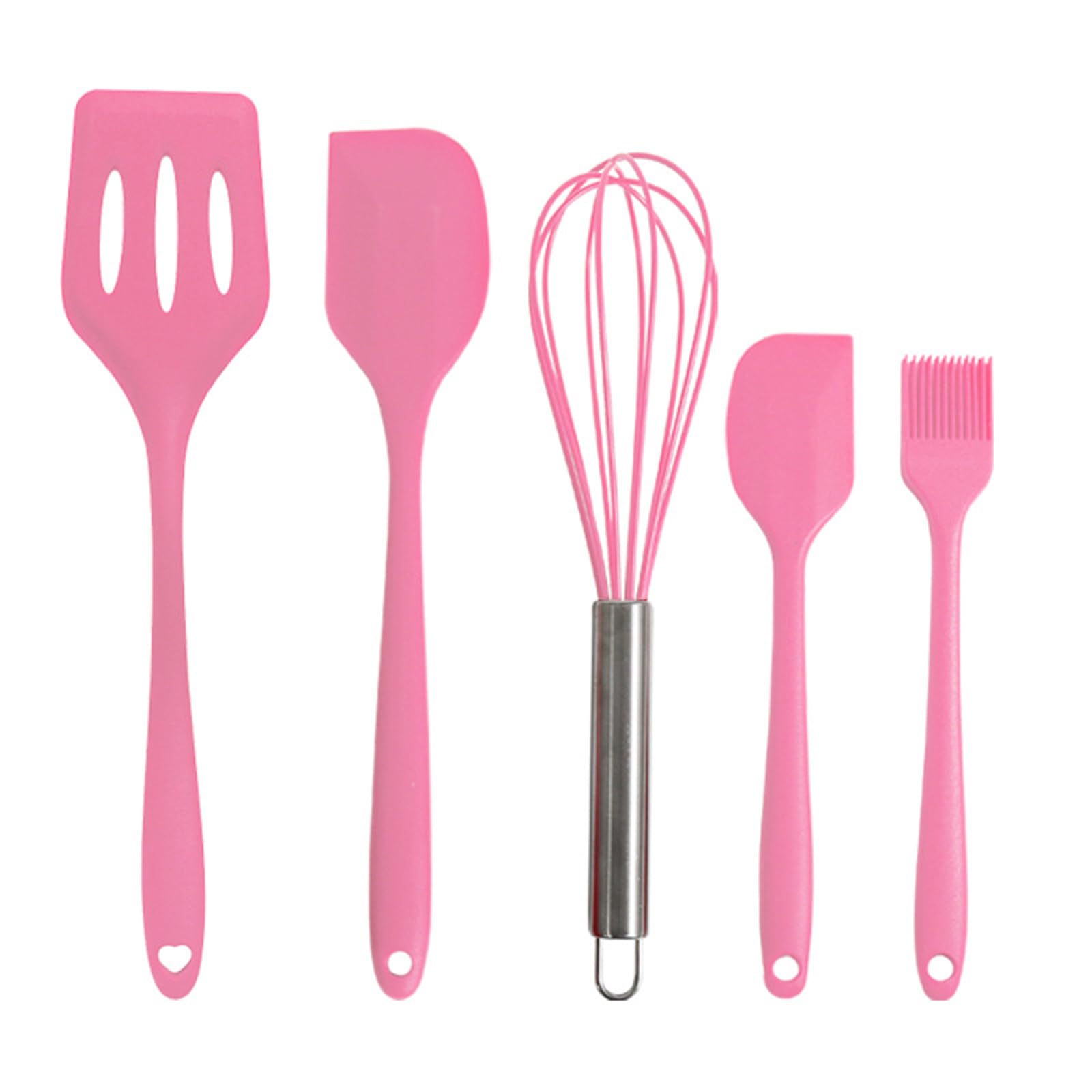 Silicone Rubber Kitchen Supplies Set Baking Tools 5PCS (Small Scraper + Large Scraper + Egg Beater + Leak Spatula + Small Oil Brush) Pink