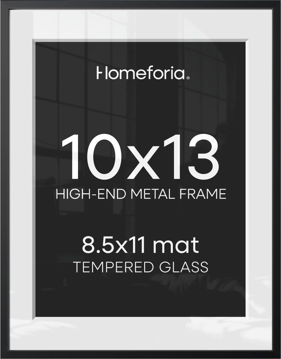 Homeforia 10x13 Black Picture Frame, High-End Metal, 8.5x11 Mat, Glass | High End Aluminum, Tempered Glass, Acid-Free 8.5x11 Removable Mat, 10x13 in Edge-to-Edge Display 13x10, Wall Kit, Set Of 3
