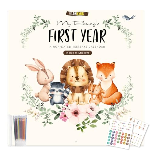 Image of Baby's First Year Calendar with Stickers by Bright Day - 1st Year Tracker - Baby Memory Book for Girls to Document and Cherish Baby First Year Milestones,- Milestone Keepsake for Baby Boy with Pocket