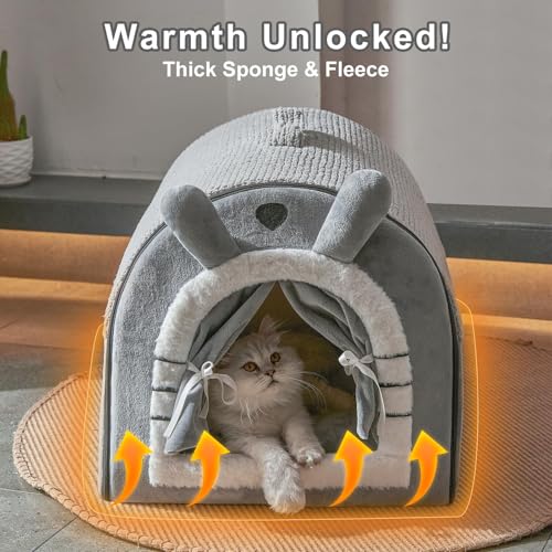 Jiupety Hundehöhle Kleine Hunde mit Vorhängen, Tragbare Hundehütte Indoor mit Tragegriff, Größe M Hundehaus für Drinnen geeignet für Katzen und Welpen, Waschbare Polsterung, Grau