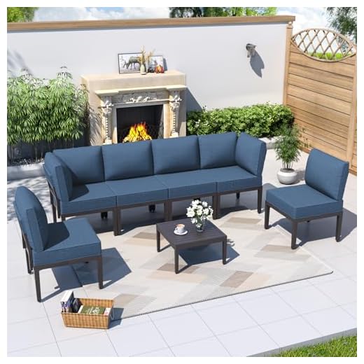 Kurapika 7 Pieces Metal Patio Furniture Set Modern Metal Outdoor Conversation Sets, Patio Sectional Sofa w/5 Inch Cushion and Coffee Table, Navy Blue