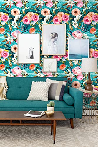 HAOKHOME Floral Peel and Stick Wallpaper Teal Green/Pink Removable Textured for Bedroom Nursery Decorations 17.7in x 9.8ft HAOKHOME Floral Peel and Stick Wallpaper Teal Green/Pink Removable Textured for Bedroom Nursery Decorations 17.7in x 9.8ft