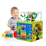 Costzon Wooden Activity Play Cube, 5 Sided Activity Center w/ Rotating Base, Bead Mazes, Musical Note Xylophone, Alphabet Flip Board, Digital Sliding, Kids Learning Puzzle Toy for Toddlers (5 in 1)