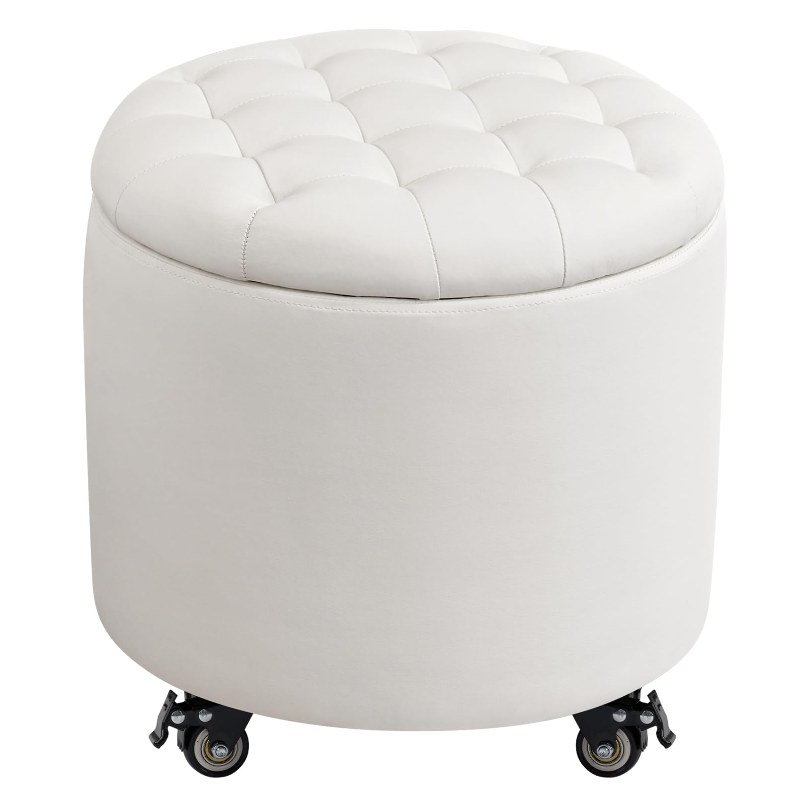 Hocker mit Rollen, 48cm Runder Fußhocker mit Stauraum, Knopfgeheftete Sitzhocker Schminkhocker mit Abnehmbarem Deckel für Wohnzimmer, Schlafzimmer, Esszimmer, PU, Elfenbeinweiß