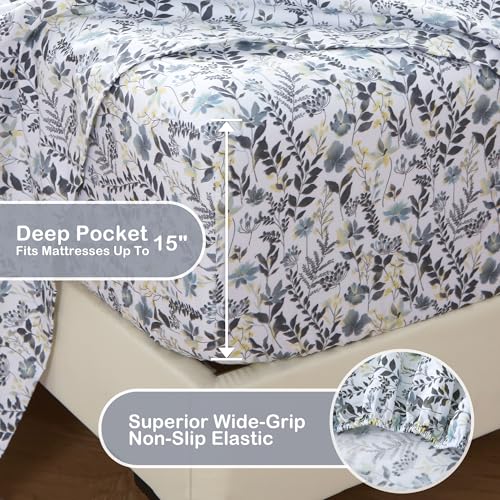 Image of Mooreeke Cozy Vintage Microfiber Printed King Sheet Set - Soft Breathable Percale Cotton Floral Bed Sheets with Deep Pocket - Non-Slip Fitted Design - Yellow Blue Gray Gradient Flowers Pattern