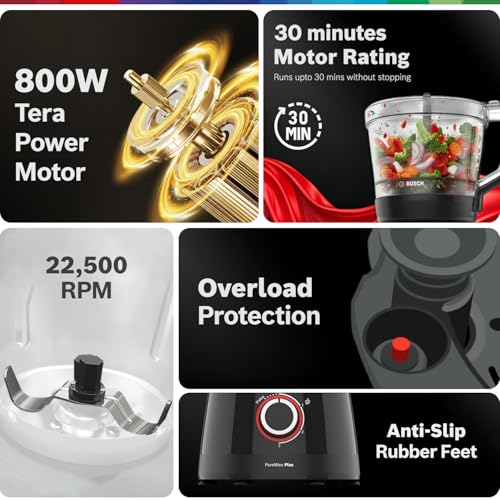 Image of Bosch PureMixx Plus 800W | Mixer Grinder + Food Processor | 5 Jars | 40+ Functions | Atta Kneading, Chopping, Slicing | Coarse Grinding | Hands Free Operation | 7 Year Motor Warranty (MP8515A1KI)