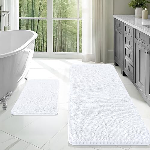 Image of OLANLY Bathroom Rugs Sets 2 Piece, Soft Absorbent Chenille Bath Mats Area Rug Set, Non-Slip, Quick Dry, Machine Washable Bath Mats for Bathroom, Home Decor Accessories (47 inchx20 inch+24 inchx16 inch, White)