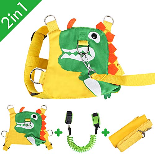 KWANITHINK Toddler Leashes for Walking Dinosaur, 2 in 1 Kids Safety Harness + Anti Lost Wrist Link with Lock, Baby Leash HarnessÂ forÂ Walking Boys and Girls