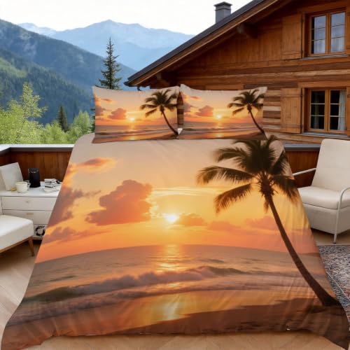 Parure de lit 2 personnes 200x200 microfibres imprimé vague de mer et plage