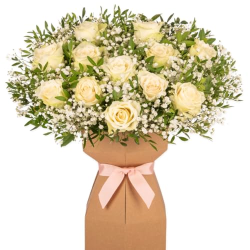 Pure Grace Dozen White Roses Fresh Flower Bouquet Delivered in Presentation Vase | 12 White Roses & Seasonal Greenery | Natural Card Vase and Pink Ribbon Ribbon | AMFL009