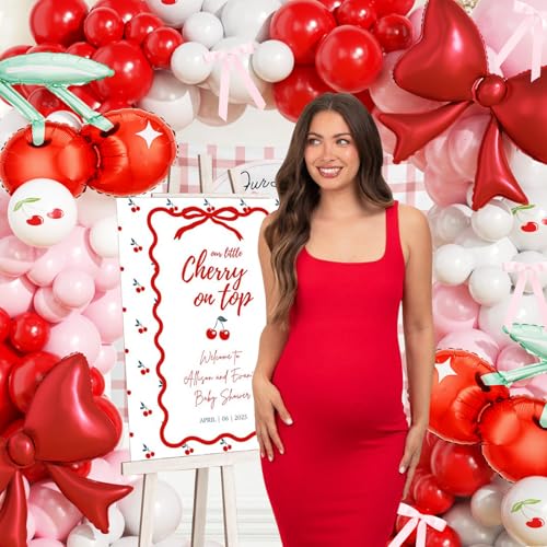 Image of JOGAMS Cherry Balloon Arch Garland Kit,172Pcs Cherry Party Decorations with Ribbon Cherry Bow Foil Balloons for Cherry On Top Baby Shower Birthday Bridal Shower Wedding Valentine's Galentine's Day