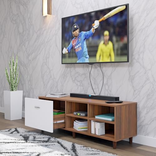 Image of VIKI Modern TV Unit for Living Room | Engineered Wood TV Cabinet with 1 Drawer Storage & 2 Open Shelves, Entertainment Unit, 140W x 48H x 40D cm | DIY | 1 Year Warranty (Walnut & White)