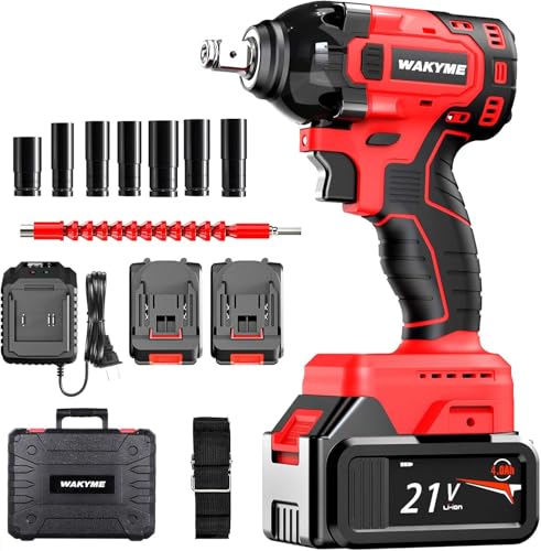 WAKYME 21V MAX Cordless Impact Wrench Kit, 1/2" Brushless Compact Wrench Power Tool Kit, TWO 4.0AH Li-ion Battery, 7Pcs Driver Impact Sockets, Fast Charger, Belt clip, Tool Box (250 Ft-lb Torque)