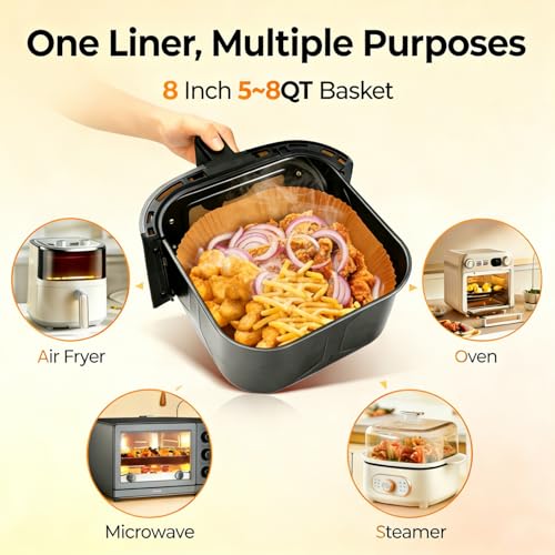 Image of Air Fryer Liners Disposable: 125Pcs Unbleached Parchment Paper Liners, 8 inch Square Non-Stick Disposable Sheets for 5-8 QT Baskets, Oil-Proof for Easy Cleanup | with Air Fryer Magnets for Parchment Paper