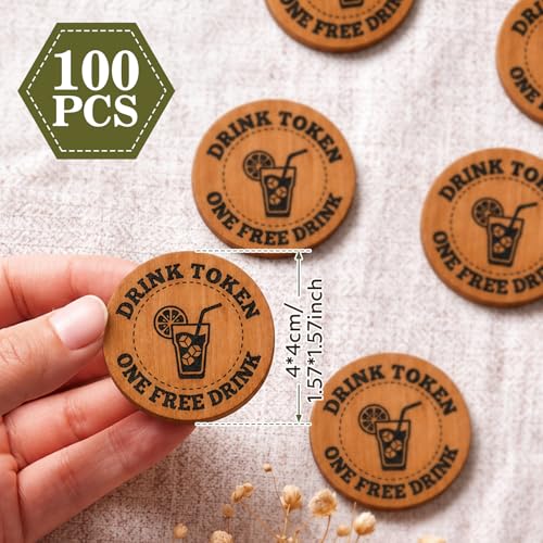 Image of Marsui 100 Pcs Wooden Drink Tokens Bulk for Wedding Personalised Drink Tickets Poker Chips for Guest Wedding Favours Beverage Birthday Parties Bar Table Decoration Supplies (Iced Drinking Cup Pattern)