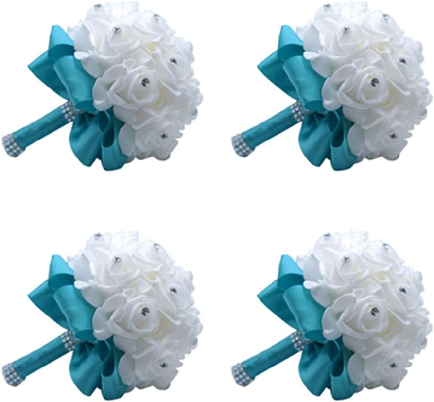S_SSOY Wedding Bouquet Crystal PE Roses Bouquets Bridal Bridesmaid Hand Flowers for Party Church Valentines Day 4 Pack Navy Blue