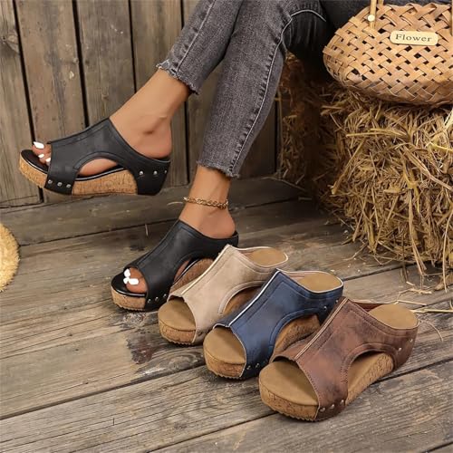 Cork Wedges & Platform Slides, Women's Thick Sole Comfort Leather Non-Slip Wedge Heel Slip-On Sandals3