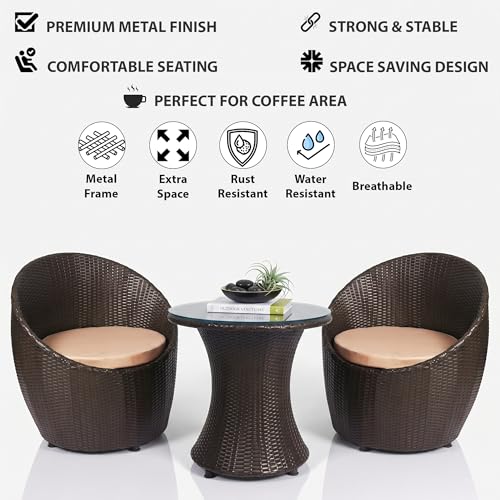 Image of OUTLIVING Outdoor Two Seater Rattan & Wicker Conversation Mudda Set | UV & Water Resistant Patio & Garden Furniture Set with 2 Cushioned Chairs & Glass Top Center Table | Brown
