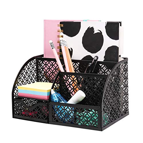ANNOVA Mesh Desk Organizer Office with 7 Compartments + Drawer/Desk Tidy Candy/Pen Holder/Multifunctional Organizer (Black)