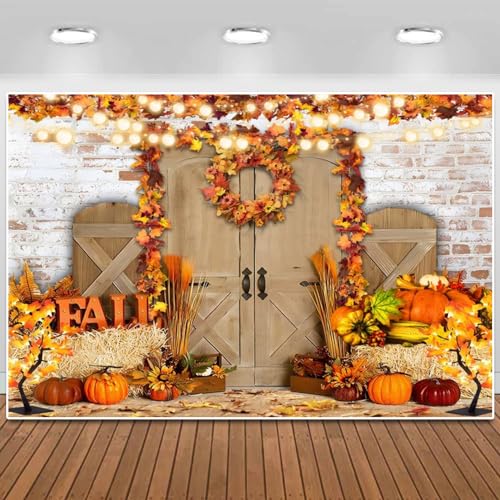 Happy Fall Backdrop Thanksgiving Harvest White Wall Pumpkin Sunflower Rustic Farm Door Autumn Nature Scenery Photography Background for Portrait Photoshoot Photo Studio 10X6.5FT