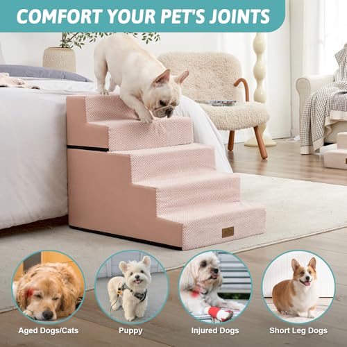 Image of COZY KISS Dog Stairs for Small Dogs, 5 Step Pet Stairs for Beds & Couches | 23.6 inch Extra Wide Non-Slip Dog Steps with Removable Tiers & Support Board for Puppies, Older Cats & Dogs, Pink