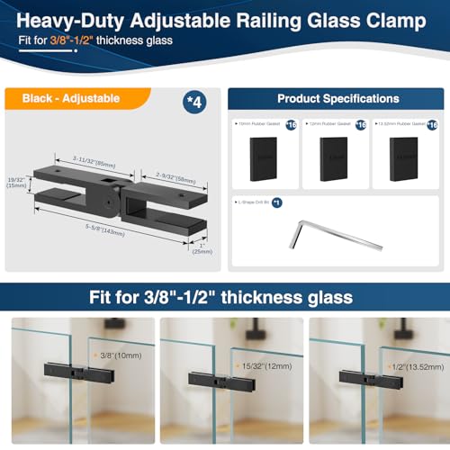 Image of 4 Pack Black Adjustable Glass to Glass Clamp, 90-180-270 Degree Railing Clamps, Stainless Steel T304 Railing Clips Brackets for Fence, Balustrade, Balcony Deck, Indoor & Outdoor