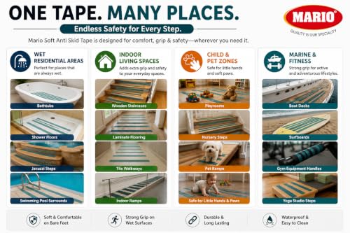Image of Mario Soft Anti Skid Anti Slip Tape Blue 50mm (2 Inch) x 5m | Soft Surface Non Abrasive Waterproof Grip Tape | Barefoot Friendly Self Adhesive Safety Tape for Bathroom, Stairs & Floor Use Areas