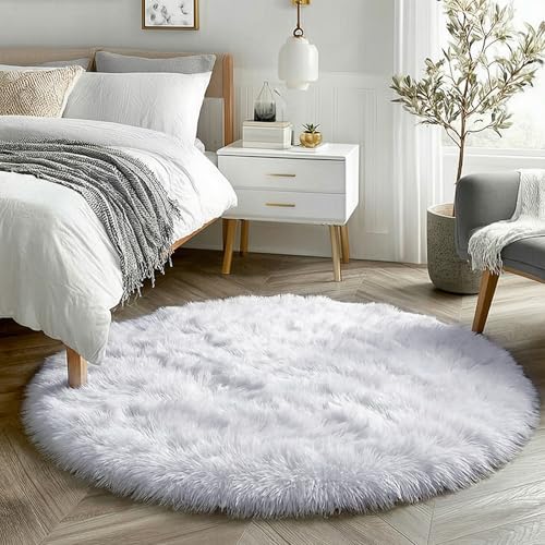 Image of Round Rugs 5Ft White Circle Area Rug, Fluffy Fuzzy Bedroom Carpets for Kids Playroom Home Decor Aesthetic, Plush Soft Shaggy Living Room Rugs for Nursery Dorm Classroom, Modern Cute Shag Furry Carpet