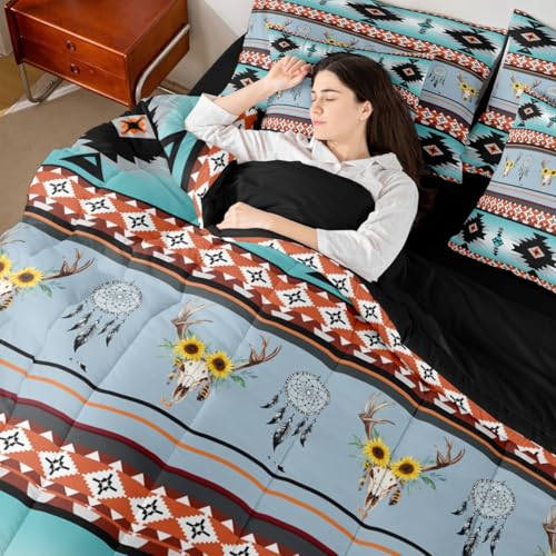Image of Western Decor Gothic Queen Comforter Set with Sheets | Sunflower Bull Skull Boho 7 Piece Bedding Set Dreamcatcher Southwest Ethnic Tribal Arrow Aztec Bed in a Bag, Highland Cow Bohemian Room Decor