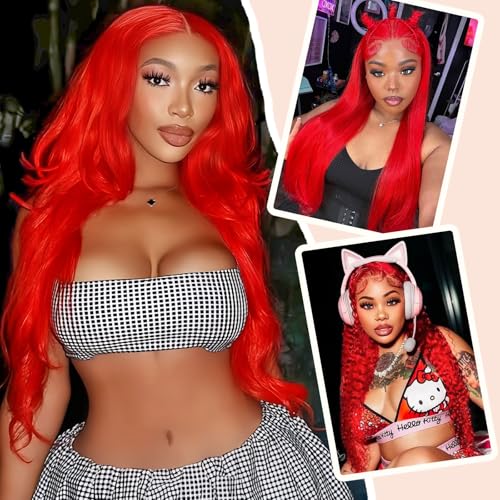 AAY Red Human Hair Wig 200 Density Body Wave 13x4 HD Lace Frontal Wigs Human Hair Colored Red Lace Front Wigs Human Hair Pre Plucked with Baby Hair Real Hair Wigs for Women Glueless 24 Inch