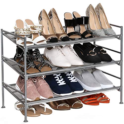 Seville Classics 3-Tier Stackable 12-Pair Multi-Position Shoe Rack Adjustable Metal Freestanding Storage Shelf for Bedroom, Closet, Entryway, Dorm Room, Satin Pewter Mesh
