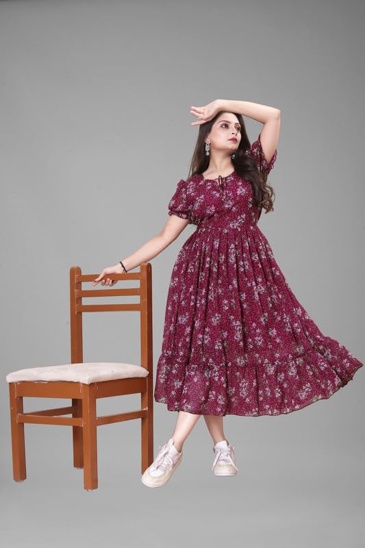 Image of Women's Printed Georgette Regular Fit Round Neck Short Sleeve Fancy Flare Long Dress