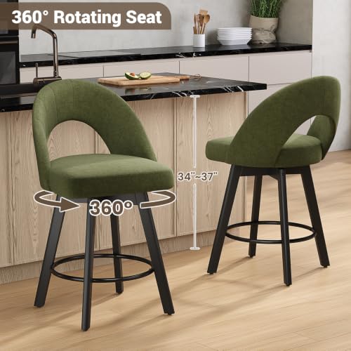 Image of YaFiti 24 inch Counter Height Swivel Bar Stools Set of 2, Green | Swivel Bar Stools with Ergonomic Curved Back, Fabric Upholstered Seat and Solid Wood Legs for Kitchen Island