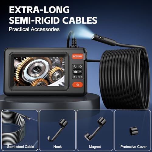 Image of Dual Lens Endoscope Camera with Light, 1920P HD Borescope Camera with 4.3 inch LCD, 8 Adjustable LEDs, 16.4FT Semi-Rigid Cable & 32GB Card-IP67 Waterproof Inspection Borescope for Sewer /Drain /Pipe(Black)