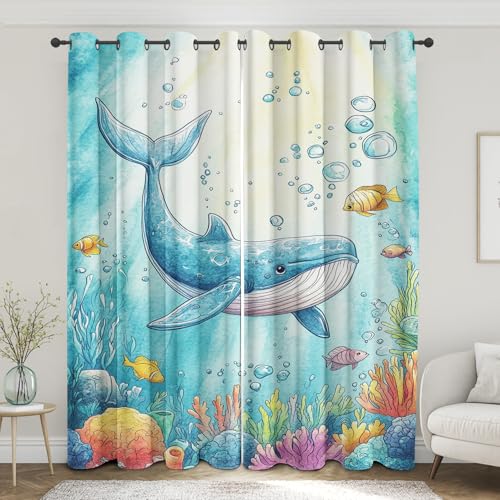 Ocean Animals Curtains for Nursery Bedroom 63 Inch Length 2 Panels, Sea Fish Whale Kids Blackout Curtains, Thermal Insulated Grommet Window Curtain for Living Room Drapes a1FT&-124